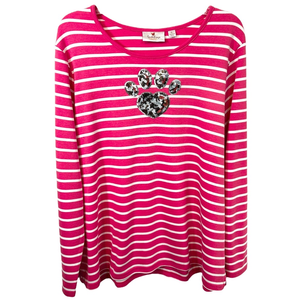 Quackey Factory XL Top Pink White Striped Long Sleeve Dog Paw Heart Sequin 325‎